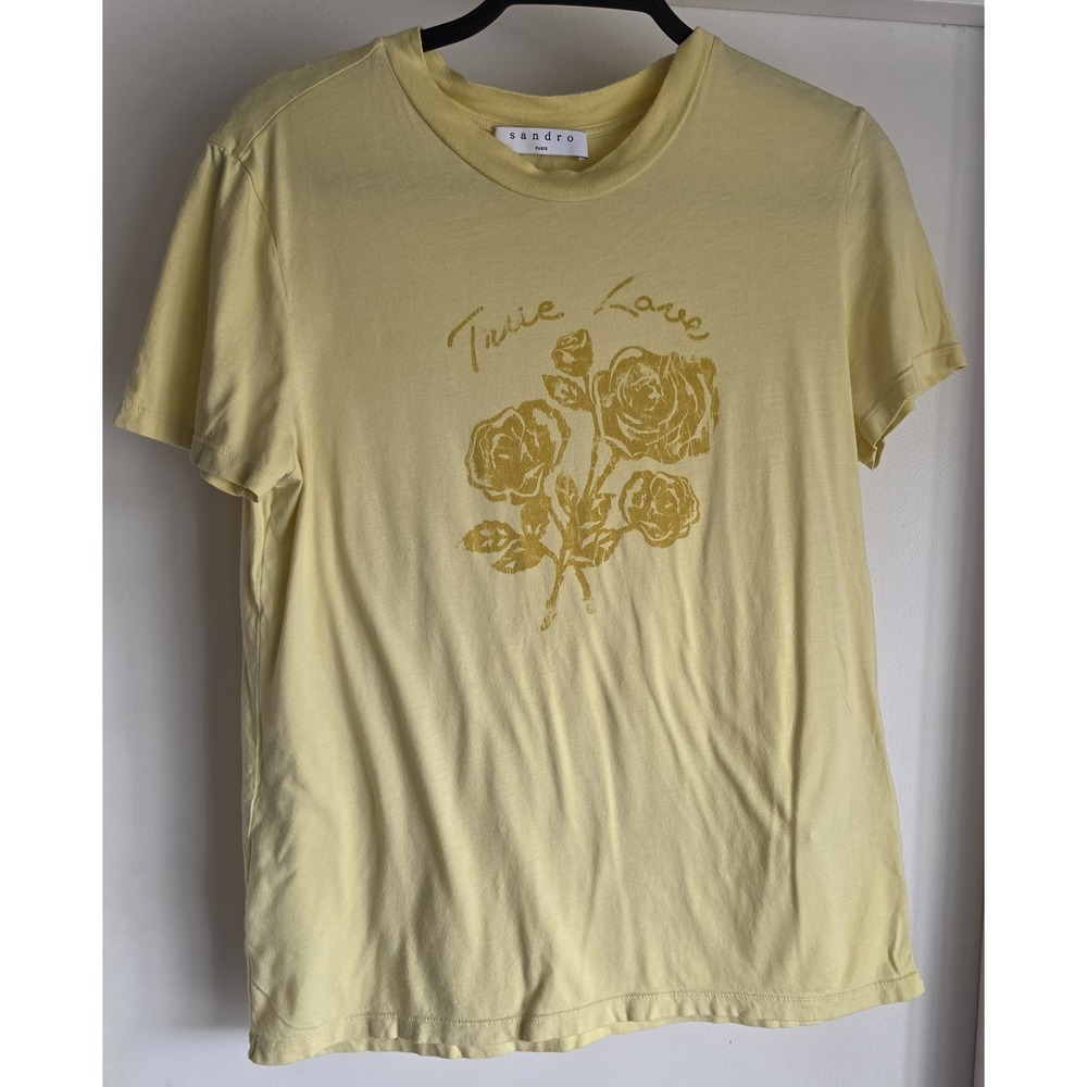 Sandro Paris Floral T-Shirt Short Sleeve Yellow Cotton Modal Top Tee